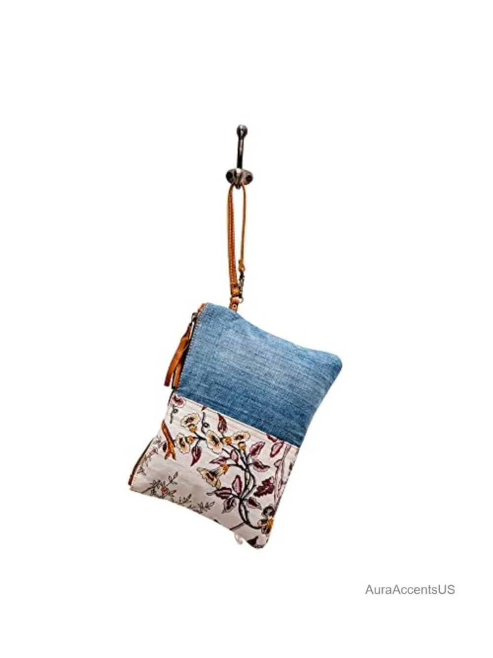 Handcrafted Patchwork Fabric Wristlet Purse with Leather Strap Boho Style